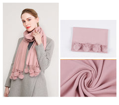 Winter Pashmina Feel Scarf - with  Pom Poms Tassel - G&J's WOMEN'S clothing
